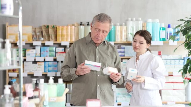 Elderly man buyer choosing box of pills with help of young woman pharmacist in pharmacy