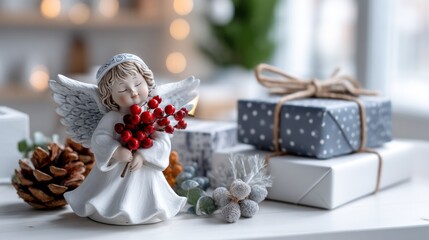 Obraz premium Charming Christmas Angel Figurine with Gifts and Natural Decorations