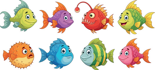 Cute Cartoon Fish Set with Colorful Funny Sea Characters for Kids, Games, Stickers, and Aquatic Animal Design Projects © Rtazmina