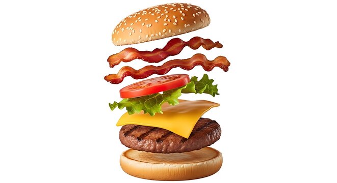 Exploded view burger with bacon and lettuce in bun