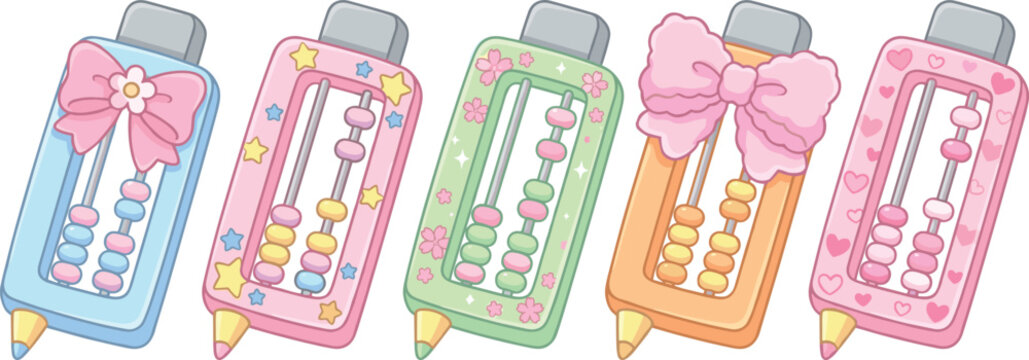 Kawaii Pastel Abacus Pencil Vector Set with Cute Bows Stars and Hearts for Math Education Stationery