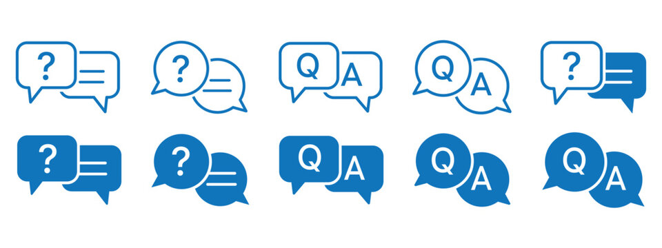 Diverse Communication Icon Set - Q and A Speech Bubbles with Ellipsis Dots and Inquiry Marks for Live Chat Support, Community Forums, Feedback Dialogs, and Interactive Knowledge Base Interface