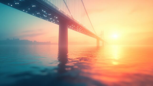 A magnificent modern suspension bridge stretches across vast calm water, bathed in the breathtaking golden hues of a sunrise or sunset, creating a serene and awe-inspiring landscape.