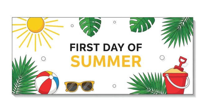 Summer vacation sign, first day of summer banner, beach holiday decoration, tropical getaway