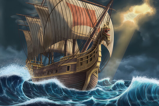 An ancient wooden sailing ship with a dragon figurehead navigates rough stormy seas under dramatic lighting