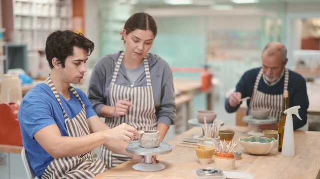 Young woman helps and gives instructions to young man sculpting clay at workbench in ceramic workshop