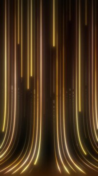 Golden glow lines falling in vertical flow forming luminous streak motion energy pattern in dark space backdrop radiant light trails seamless loop abstract gold stream