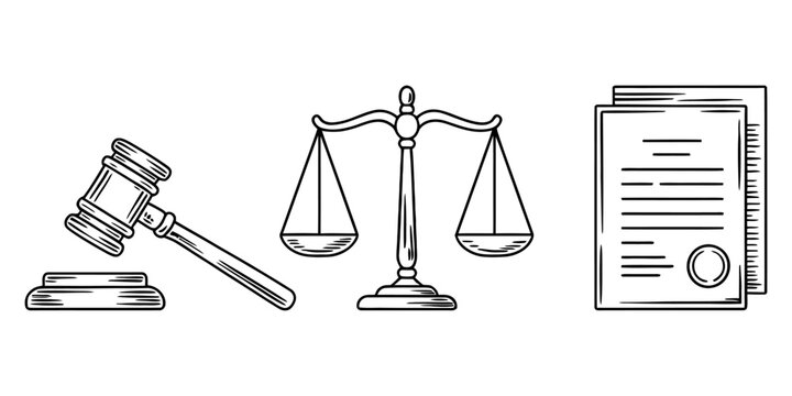 Black and white hand drawn legal icons set with a wooden judge gavel, a balanced scale of justice, and a formal document with a wax seal stamp