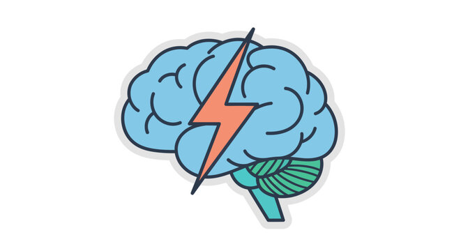 Stylized Human Brain Struck by Bright Lightning Bolt