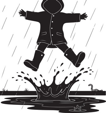 Silhouette of a child jumping in a puddle on a rainy day, Generative Ai