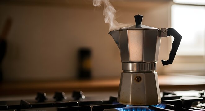 Steaming coffee pot brewing fresh espresso on a gas stove in a cozy kitchen