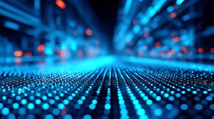 Obraz premium Futuristic Digital Network Visualization, intricate grid design with luminous nodes, showcasing perspective depth in a cinematic style, emphasizing advanced communication systems and data flow