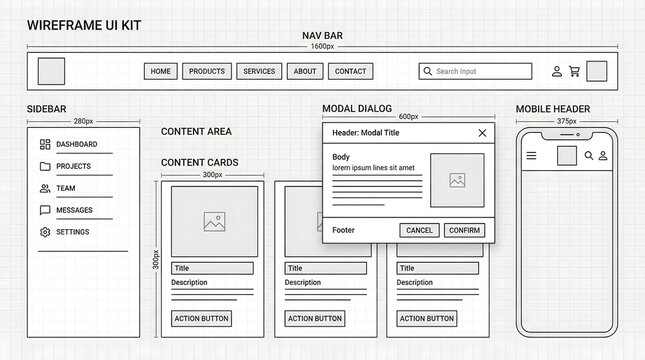 Clean wireframe sketches of a user interface layout for a website and mobile app