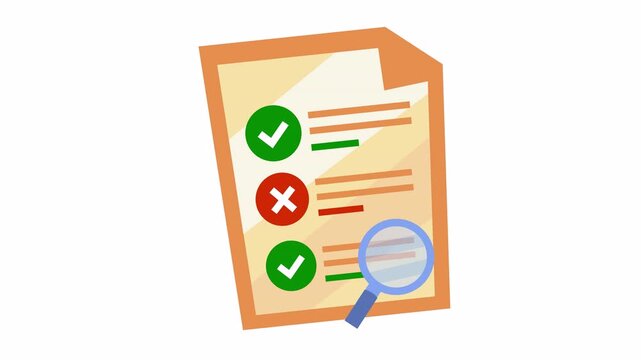 Check mark sign on the document checklist icon with a magnifying glass for data audit in a cartoon animation. Project management task list symbol for data validation element concept.