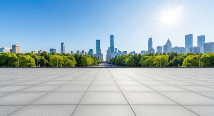 Modern City Skyline with Green Urban Park and Spacious Empty Tiled Plaza on a Clear Sunny Day, Ideal for Copy Space