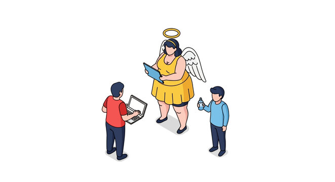 Isometric illustration of angel with halo and wings assisting people with technology.