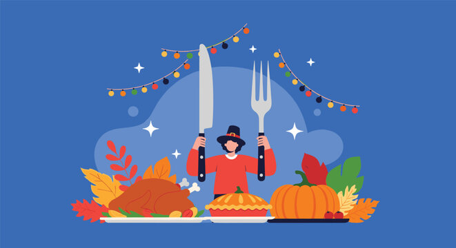 Happy person celebrates Thanksgiving Day while holding a giant fork and knife behind a delicious roasted turkey and pumpkin pie.