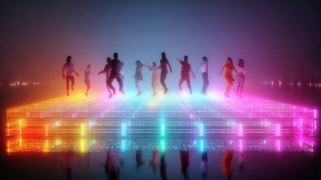 Vibrant Nightlife Celebration on LED Grid Floor, Friends Dancing and Jumping, Youth Culture, Colorful Lights, Joyful Atmosphere, Dynamic Social Media Visual