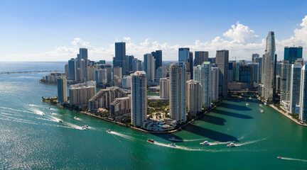 Miami cityscape with residential towers. Miami waterfront panorama. Miami panorama with skyscrapers. Miami skyline with Brickell view. © be free