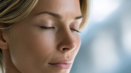 Fototapeta premium Woman meditation peaceful face closed eyes calm expression mindful breathing serene mood skin closeup natural beauty relaxation stress relief Peaceful face of woman with closed eyes calm