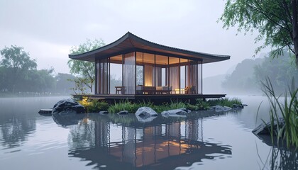Obraz premium Modern Chinese pavilion in the middle of lake with morning view