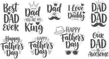 Hand lettered father's day typography collection with crowns mustaches and heart motifs © Anika