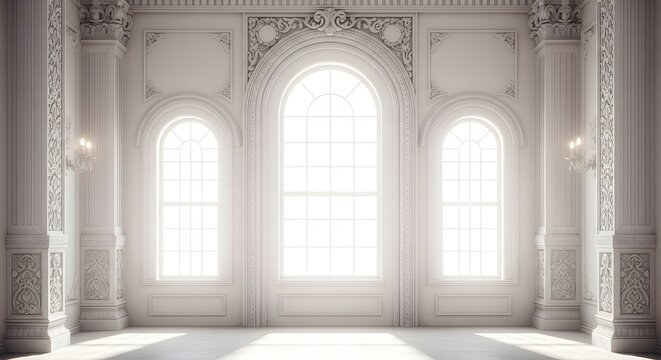 Elegant classical room with arched windows, ornate architectural details, and bright natural light
