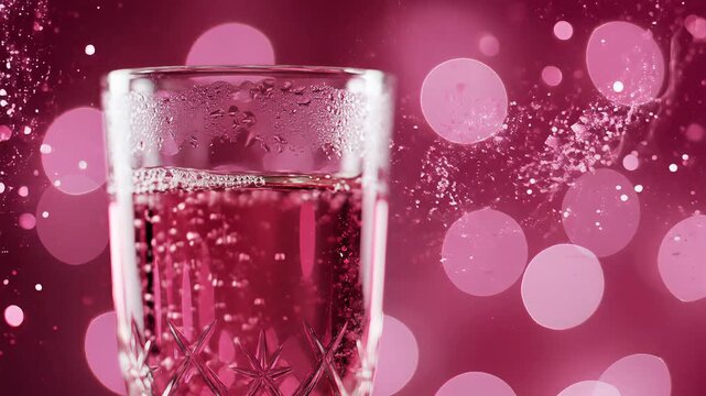 Close up of sparkling pink beverage in a glass with bokeh background.