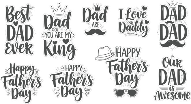 Hand lettered father's day typography collection with crowns mustaches and heart motifs