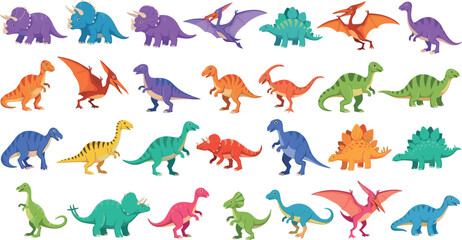 Colorful Cute Cartoon Dinosaur Collection Set with T-Rex, Triceratops, Pterodactyl, and Stegosaurus for Kids and Prehistoric Design Projects © Rtazmina
