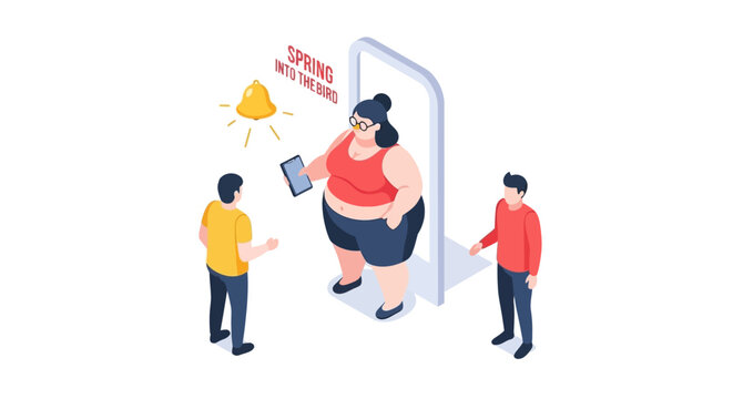 Isometric illustration of a plus-size woman using a smartphone.