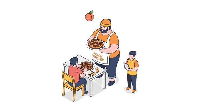 Isometric Illustration of a Pizza Maker Serving Customers at a Table.