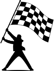 Fototapeta premium Black Silhouette of a Person Waving a Large Checkered Racing Flag Against a White Background