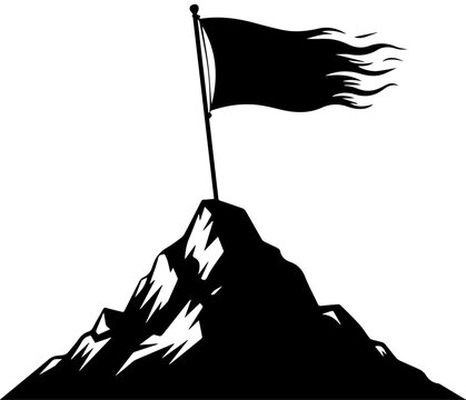 Black silhouette of a tattered flag on top of a mountain peak representing achievement and success vector graphic