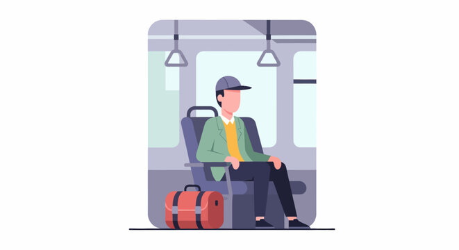 Man sitting on train with luggage.