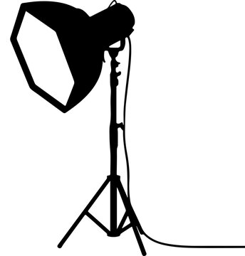 Black Silhouette of Professional Photography Studio Softbox Light on Tripod Stand Isolated on White Background