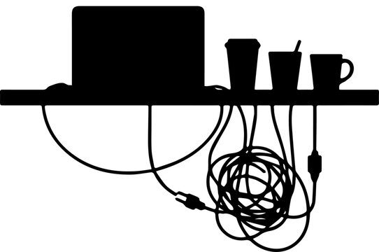 Silhouette of Workspace with Laptop Coffee Cups and Tangled Cables Illustration