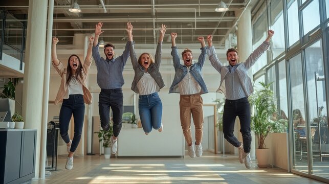 A dynamic group of five diverse colleagues joyfully jumps together with arms raised in a brightly lit modern office corridor, celebrating their shared success.