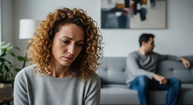 Sad woman feeling lonely in a relationship with a distant partner on couch relationship conflict