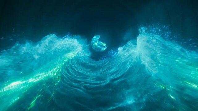 Ethereal glowing orb suspended above turbulent emerald waters in a dark cavern