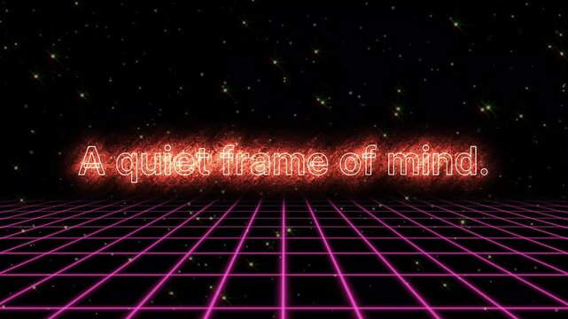Futuristic neon grid with 'a chaotic frame of mind' text overlay black background pink lines and starry night sky