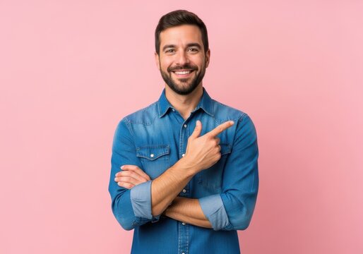 Smiling man in denim shirt pointing to side with arms crossed on pink background
