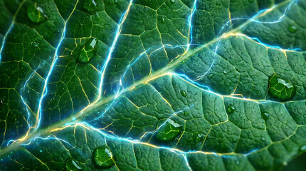 Obraz premium Leaf Vein Energy: A close-up view of a vibrant green leaf, highlighting its intricate veins with an energy-like glow, adorned with droplets of water.