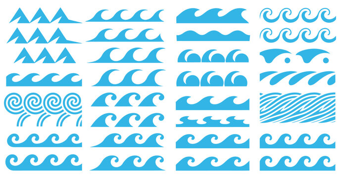 Blue wave borders and divider frames of marine line with sea wave patterns, vector wavy curls, ocean water splashes with ripples and tide surf, ocean flow with stormy waves for decorative wave borders