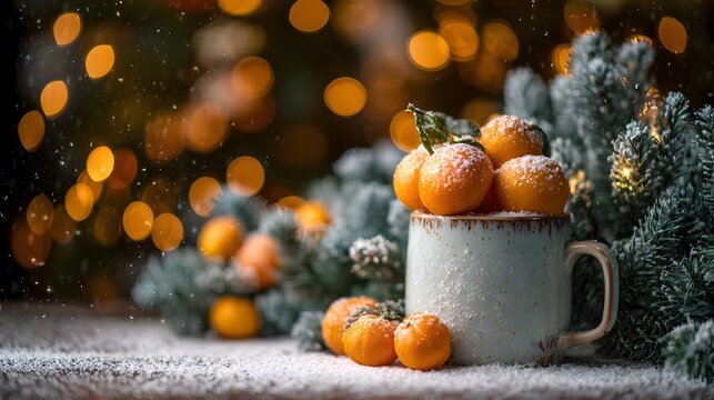 Snowy scene with ceramic mug filled with mandarins and evergreen branches