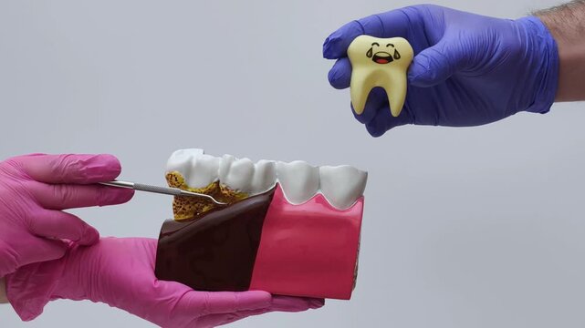 Dentist hands holding a dental model with periodontitis and a sad crying toy tooth to show toothache concept.