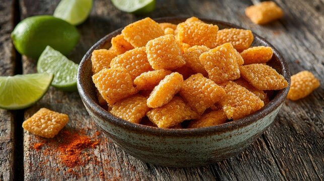 Golden chicharron crunchy pork rinds served in rustic ceramic bowl with fresh lime wedges and paprika spice on aged wooden surface