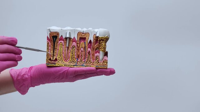 dentist wearing pink gloves demonstrates an anatomical model of teeth with an implant and caries.