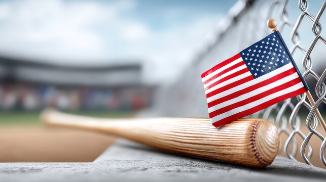 Closeup of Baseball Bat Leaning Against Field Fence with American Flag