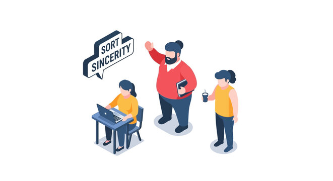Isometric illustration of a team working together with sincerity and focus.